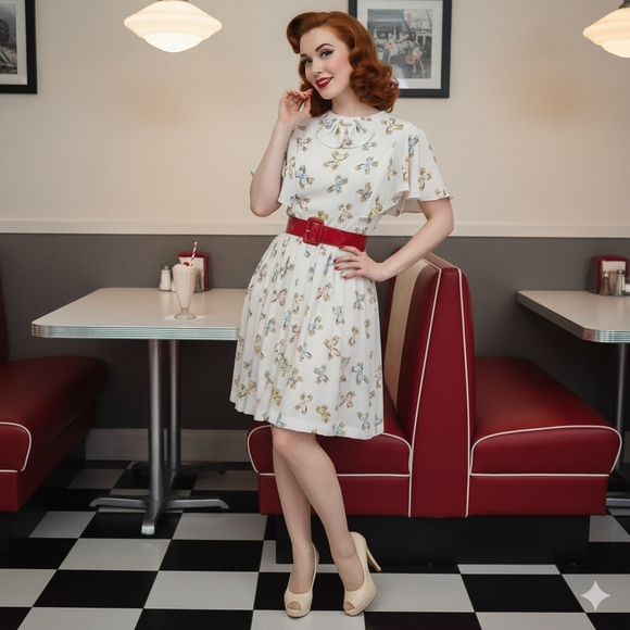 Vintage Bow Theme Flutter Sleeve Dress Size 10 - Picture 2 of 14